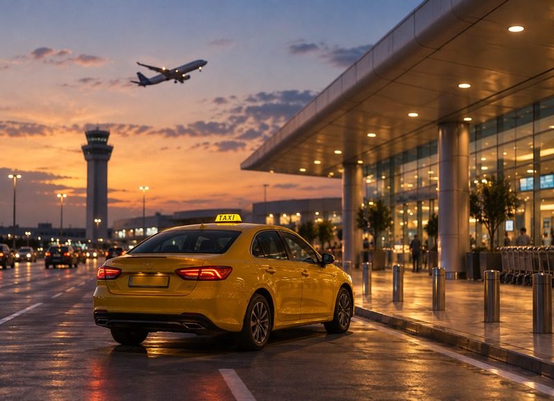 Havalimanı terminali ve gökyüzünde yükselen uçak
